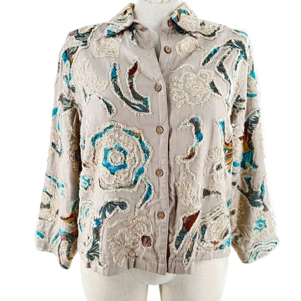 Coldwater Creek blazer size 16 tan blue embroidered floral coastal granny